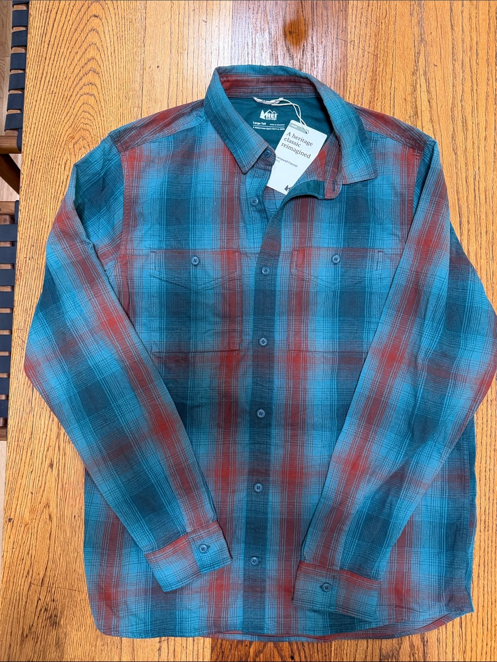 REI Teal and Red Plaid Long-Sleeve Button-Down Shirt